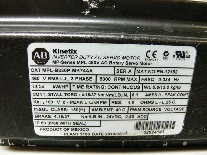 Used Allen Bradley MPL-B330P-MK74AA Kinetix Brushless AC Servo Motor 460V 5000 Rpm