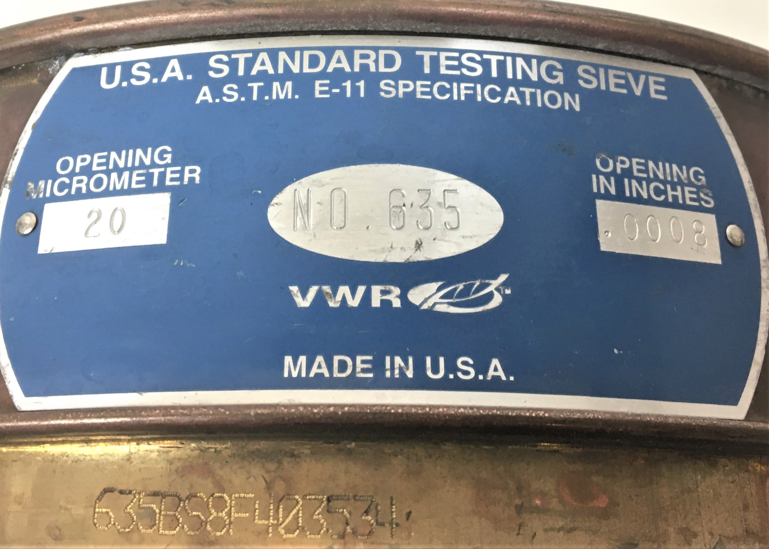 Used VWR #635 Brass-Stainless Steel 8" Sieve - 20μm