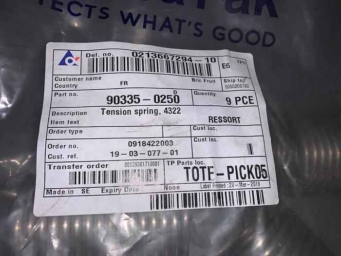 Tetra Pak Spare Parts Tension spring, 4322 Part No. 90335-0250