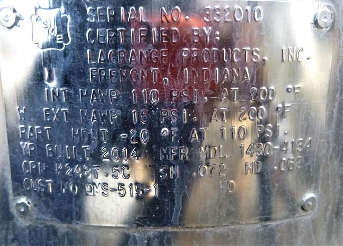 Used Tank, 15 Gallon, S/st, 110 PSI, 14" X 26.5", Binks (9) #S744049