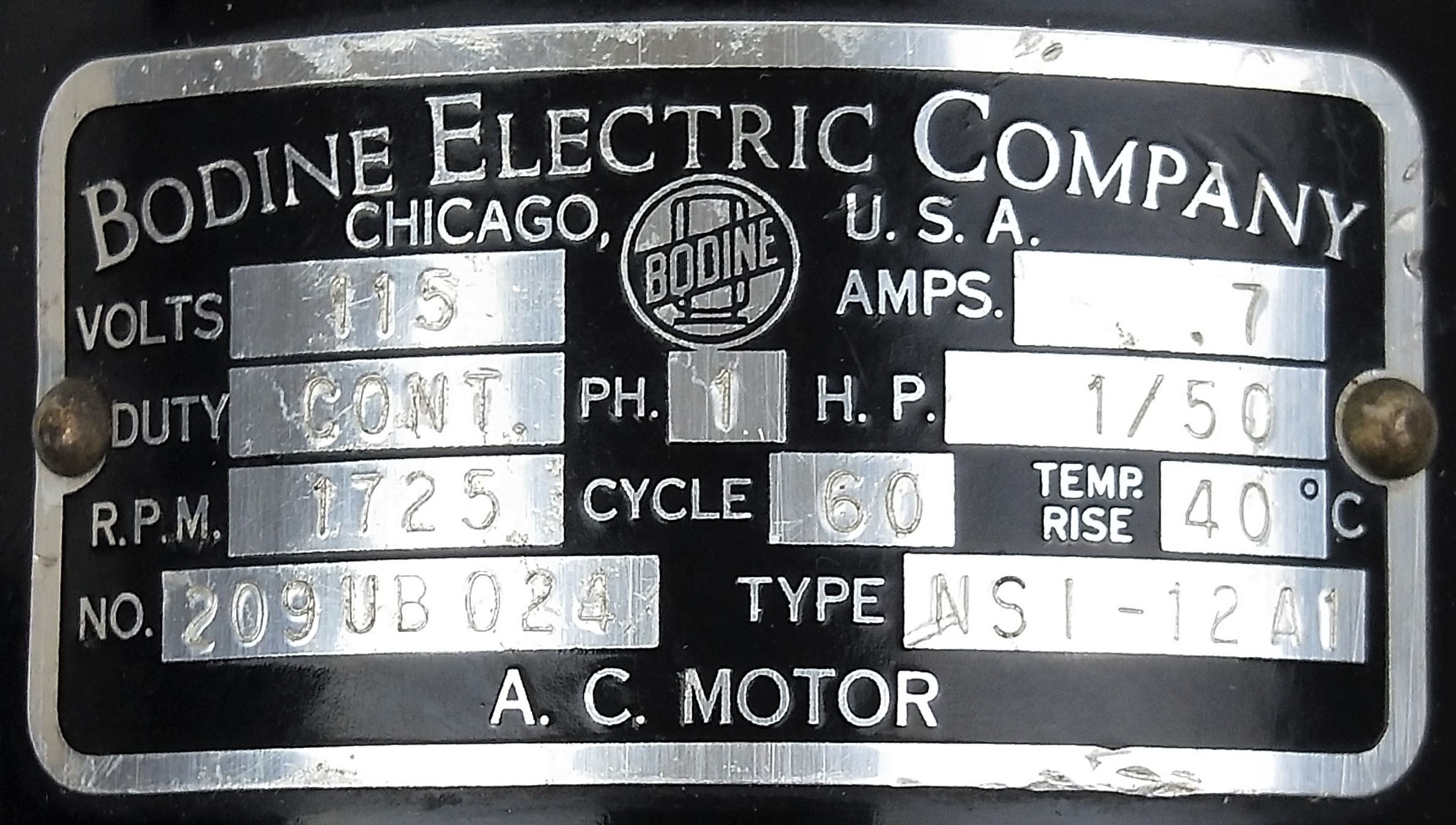 New Open Box (1500) Bodine Electric NSI-12A1 AC Motor - 1/50HP, 1725rpm