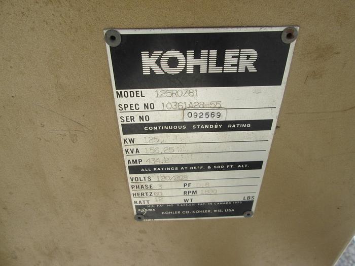 Used Kohler 125 KW Diesel Generator