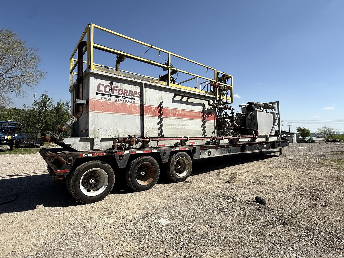 Used Oilwell SA634-5 10K WP Triplex Cement Pump Unit P/B Detroit Series 60 Skidded MTD on 2007 Lufkin Narrow Neck Lowboy