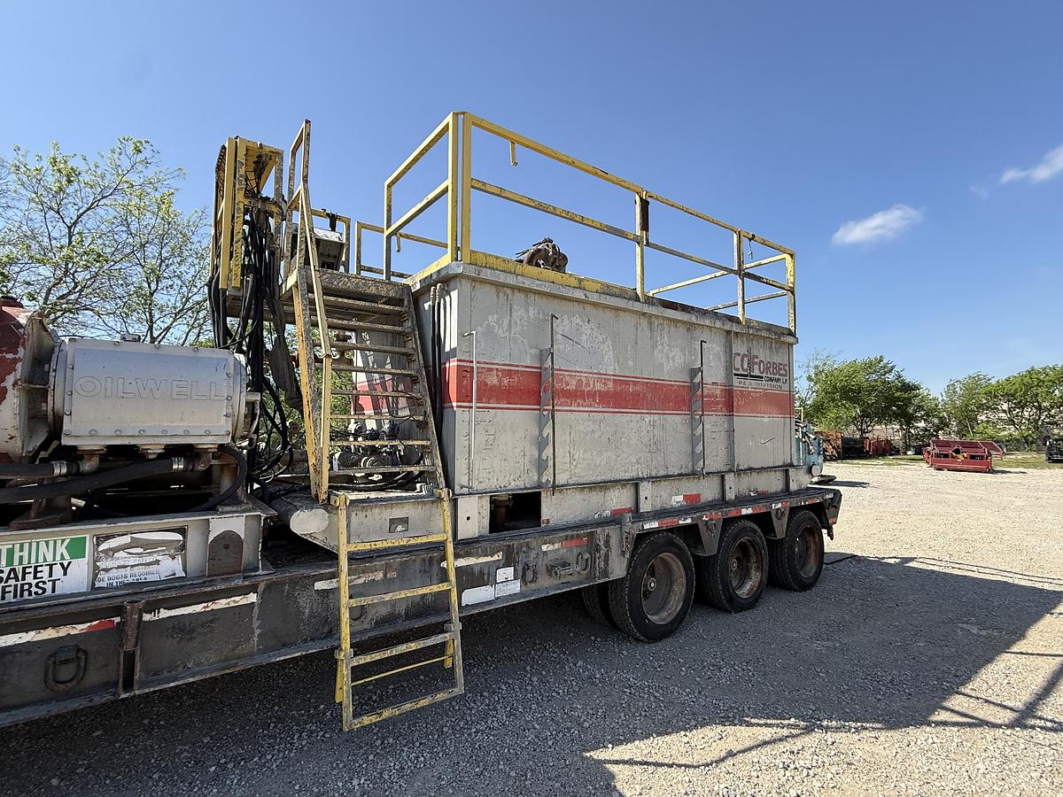 Used Oilwell SA634-5 10K WP Triplex Cement Pump Unit P/B Detroit Series 60 Skidded MTD on 2007 Lufkin Narrow Neck Lowboy