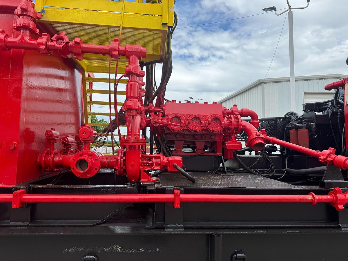 Used Oilwell SA634-5 10K WP Triplex Cement Pump Unit P/B Detroit Series 60 Skidded MTD on 2007 Lufkin Narrow Neck Lowboy
