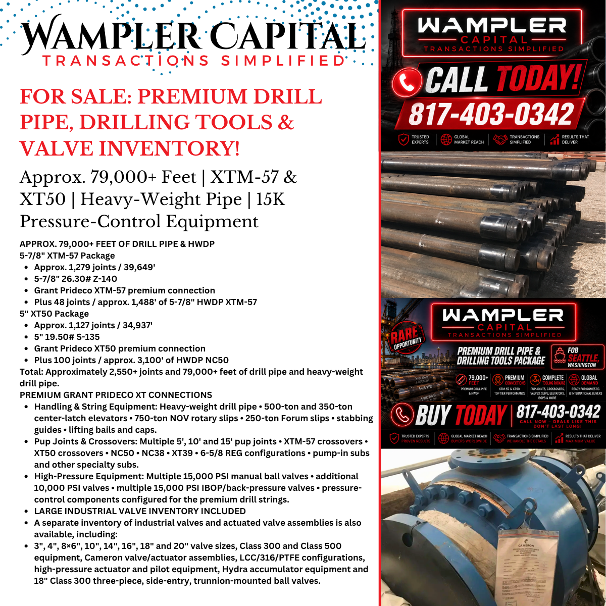 Used Premium Drill Pipe, Drilling Tools, and Valve Inventory!