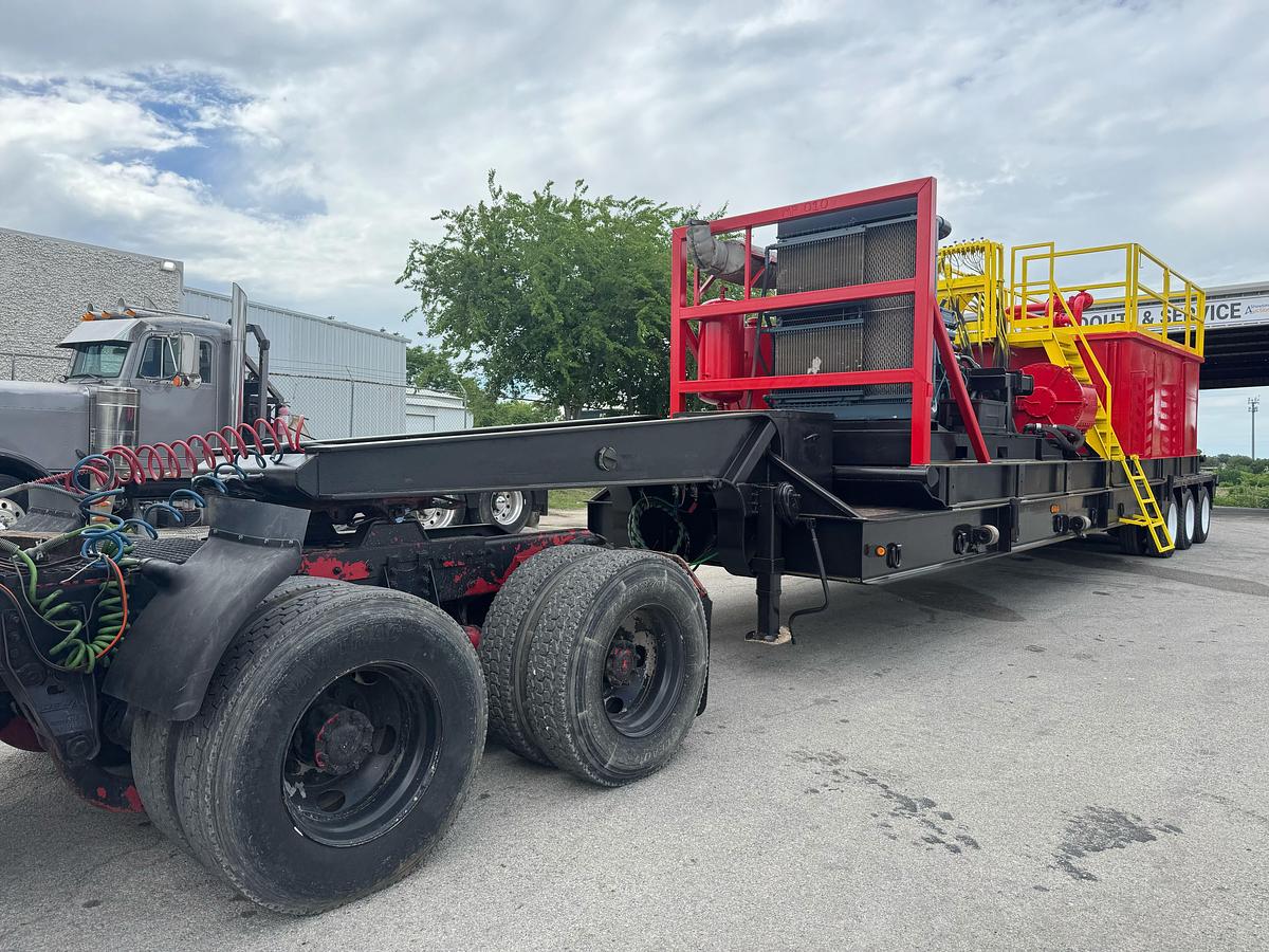 Used Oilwell SA634-5 10K WP Triplex Cement Pump Unit P/B Detroit Series 60 Skidded MTD on 2007 Lufkin Narrow Neck Lowboy