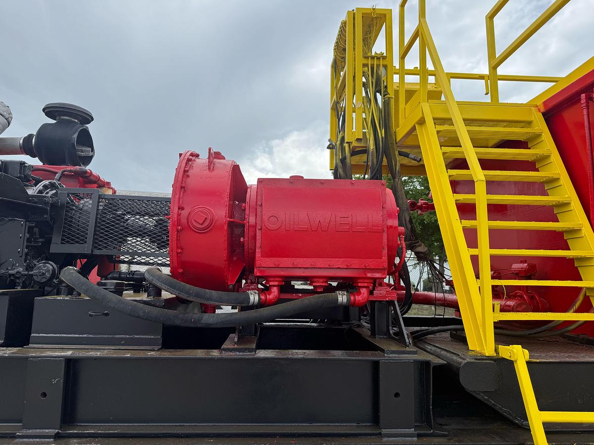 Used Oilwell SA634-5 10K WP Triplex Cement Pump Unit P/B Detroit Series 60 Skidded MTD on 2007 Lufkin Narrow Neck Lowboy
