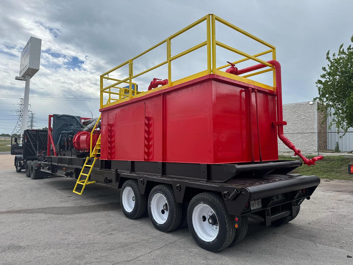 Used Oilwell SA634-5 10K WP Triplex Cement Pump Unit P/B Detroit Series 60 Skidded MTD on 2007 Lufkin Narrow Neck Lowboy