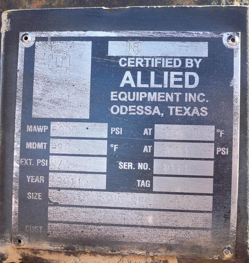 Used 2011 1 m3 5000 psi Skid Mounted Sand Separator
