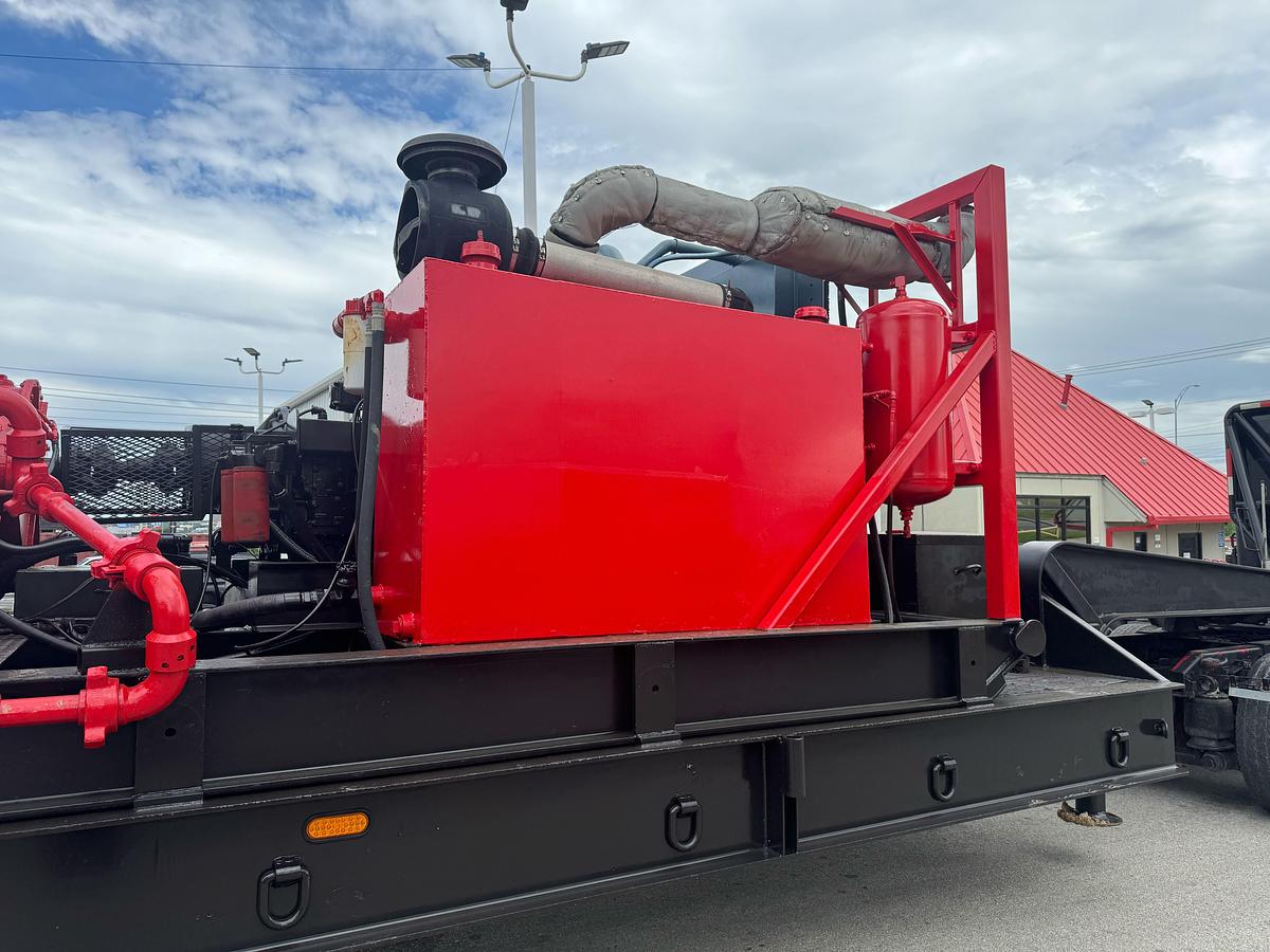 Used Oilwell SA634-5 10K WP Triplex Cement Pump Unit P/B Detroit Series 60 Skidded MTD on 2007 Lufkin Narrow Neck Lowboy