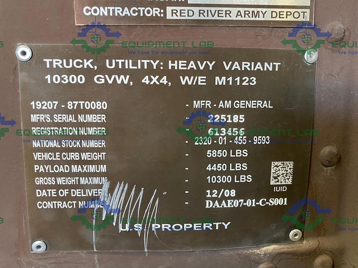 Used 2008 AM General HMMWV M1123 Utility Vehicle Heavy Variant 600 Miles