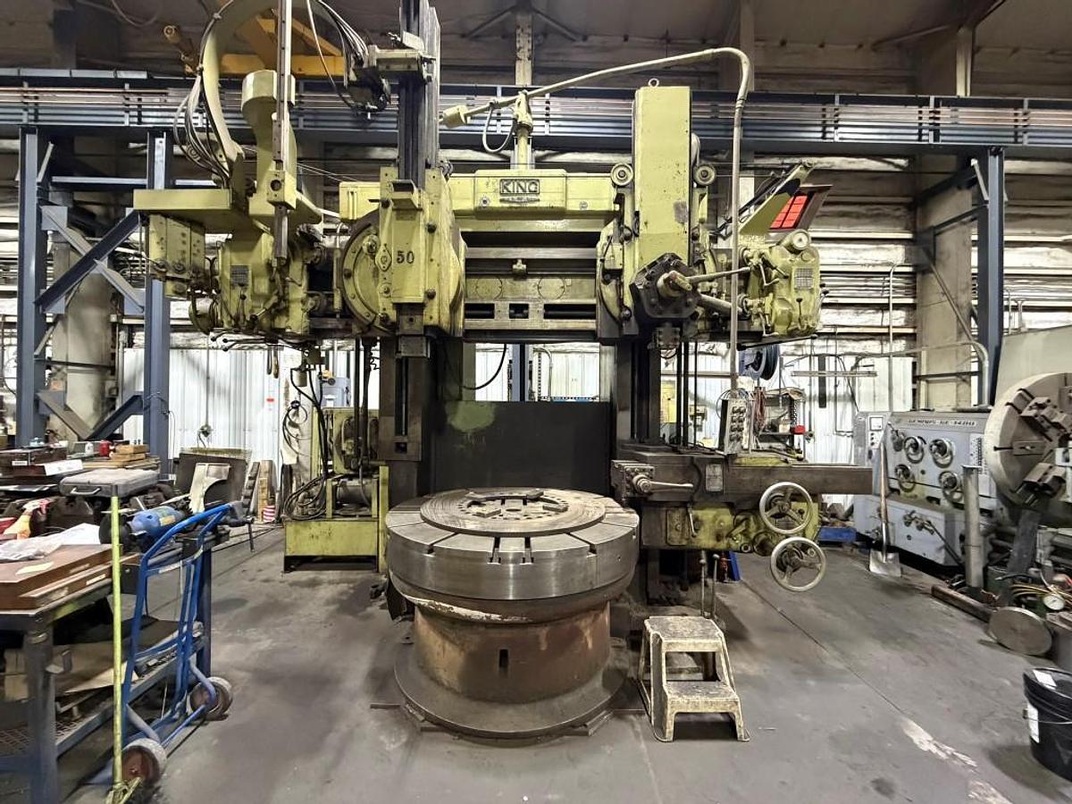 Used King Vertical Boring Mill, 62" Table, 72" Swing, 72" Under Rail. 40 HP 65 RPM, (1) Ram Heads, (1) Turret Head, (1) Side Head
