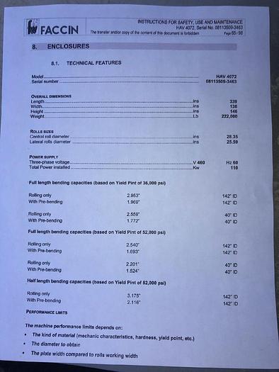 Used 2009 Faccin Plate Roll, Model 4072, Type HAV, 22" Rolls, 158" Roll Length