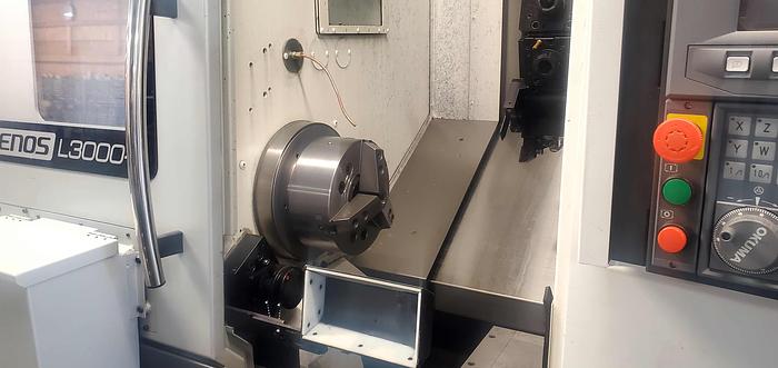 Used Okuma Genos L3000MYW-E, Rebel 80 Servo Bar Feed, 8" 3 Jaw Chuck, Live Tooling with Sub Spindle, OSP Genos L3000 MYW-E
