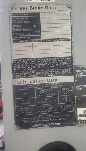 Used Clearing Niagara 350 Ton Press Brake, Model HBM-350-12-14, with back gage and tooling