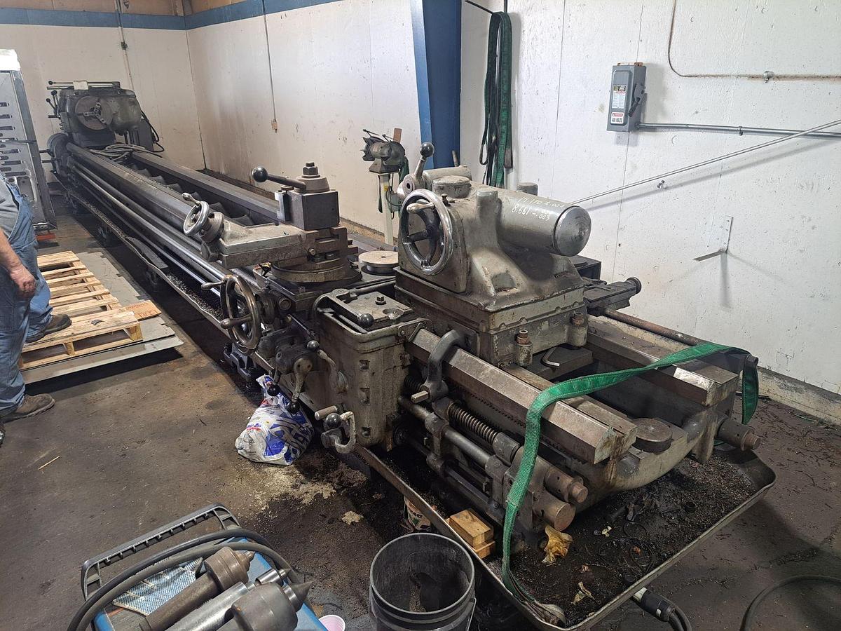 Used Axelson Engine Lathe, 34' Swing, 25.5" Swing over Cross slide, 288" Between Centers, Threading, Taper, Full Length Chip Pan