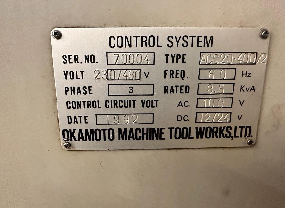 Used Okamoto ACC 20-40 DX, 20" X 34" Magnetic Chuck, 12" X 2" X 5", 15 Horsepower, Pendant