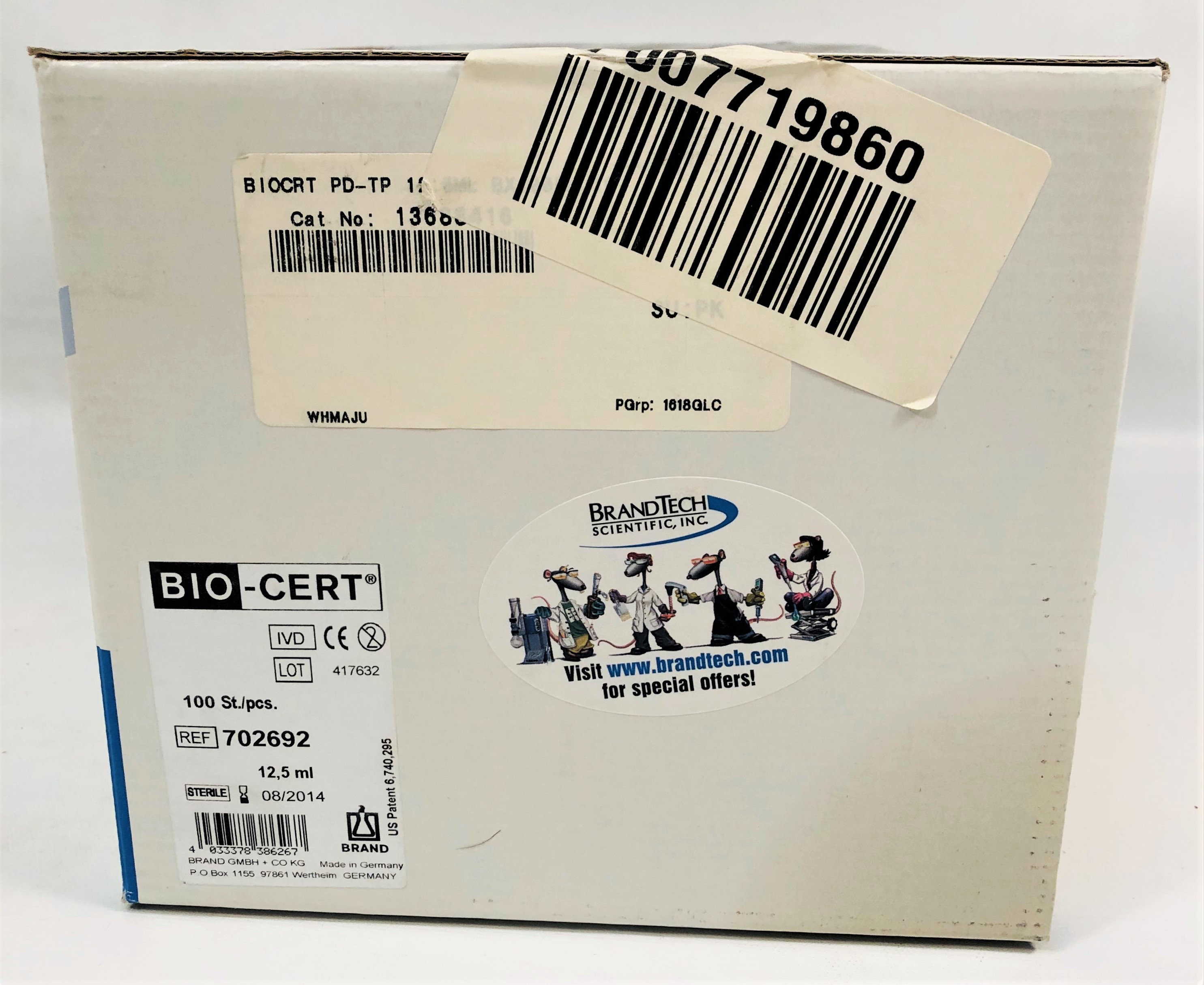New Open Box BrandTech BIOCERT 702692 PD-Tips - 12.5mL (Box of 100)