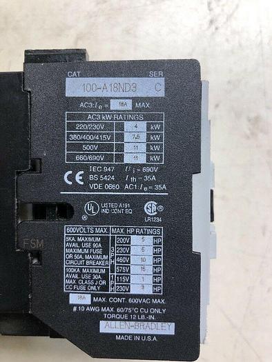 Used Allen Bradley 100-A18ND3 Ser C