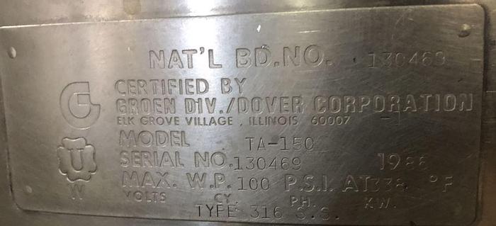 Refurbished 150 GALLON GROEN KETTLE - MODEL TA-150 - S/S - 100 PSI JACKET