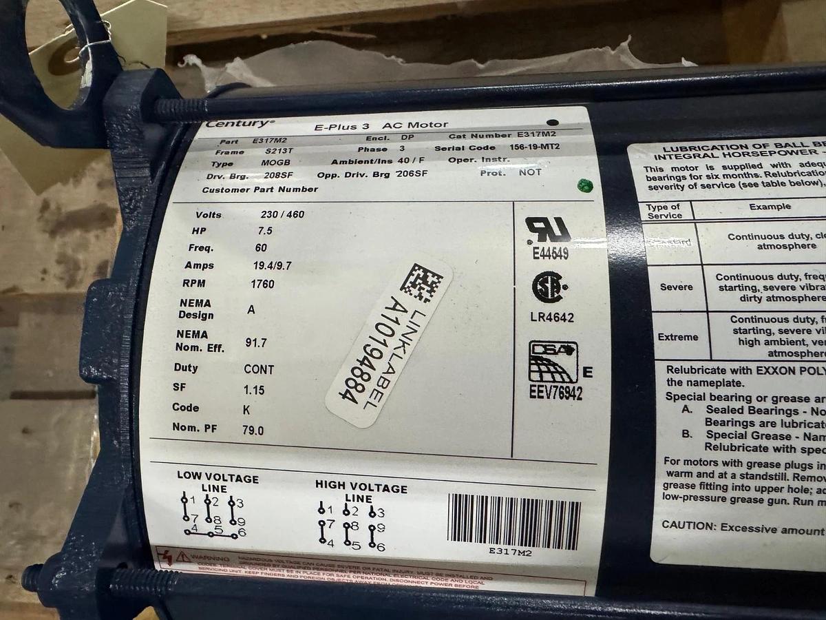 AO SMITH CENTRY E PLUS 3 Motor 7.5 HP MODEL E317M2 VA11A1 VA11C 760 RPM 230/460