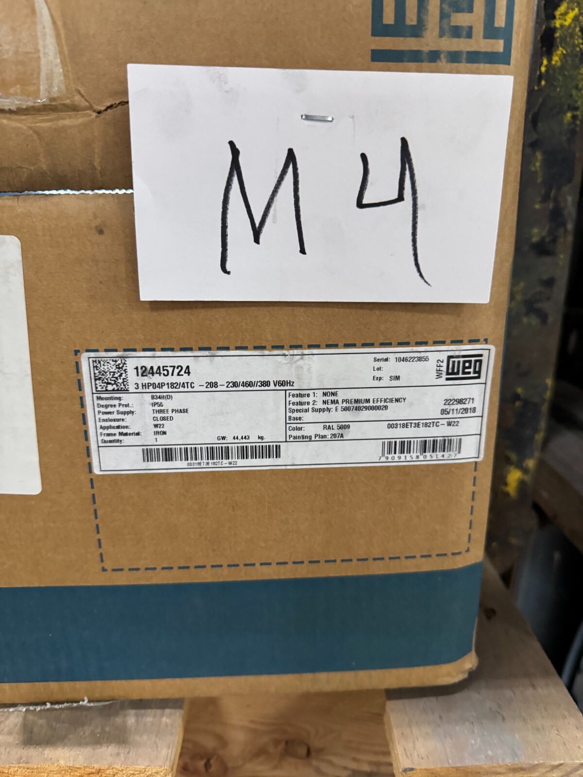 WEG MOTOR M4 3 HP MODEL 00318ET3E182TC-W2 1760 RPM 208-230/460V 3 PH FR182/4TC