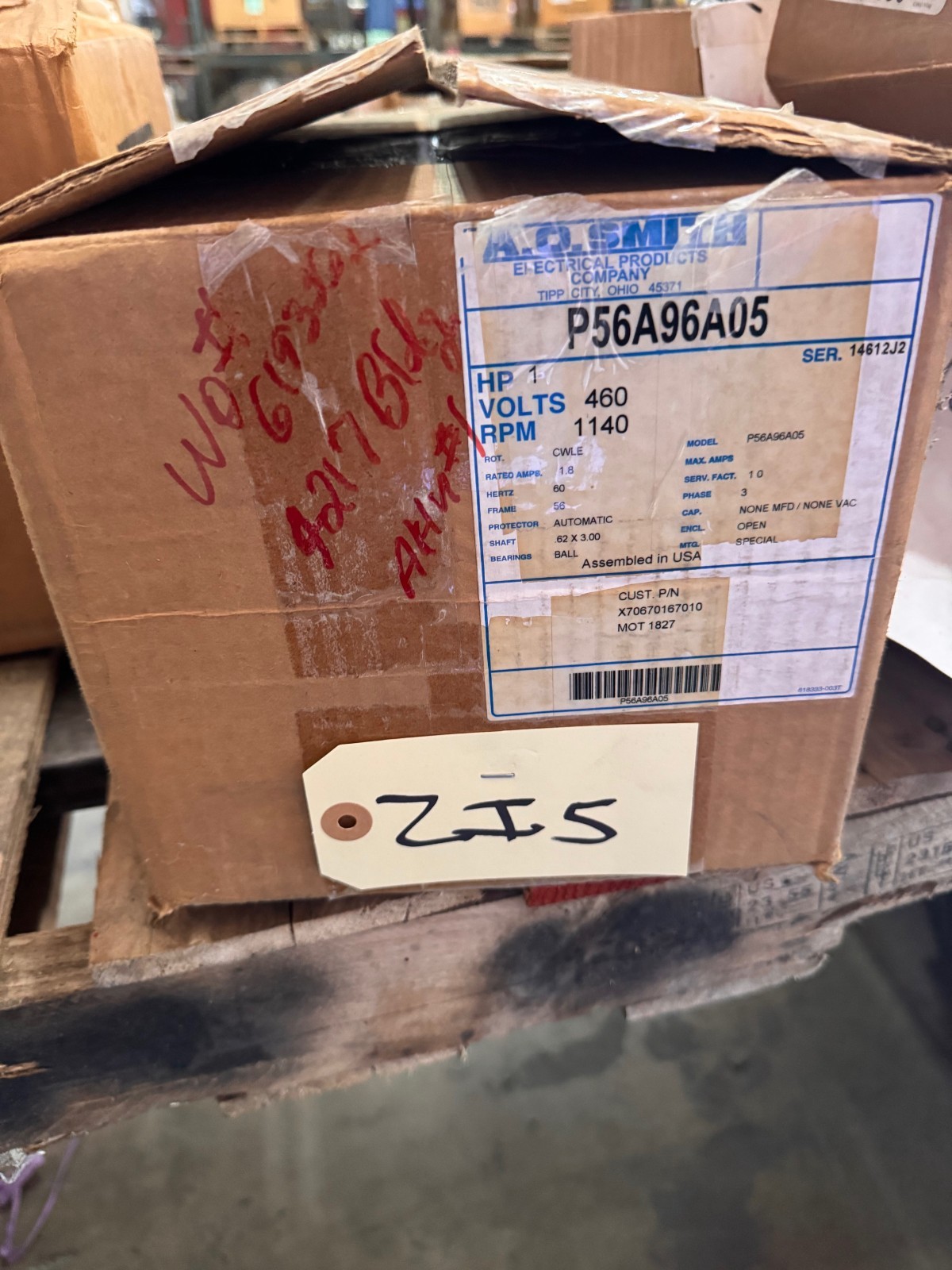 AO SMITH Motor 1 HP MODEL MOT021827 P56A96A05 ZI2 ZI5 ZL3 1140 RPM 460 V 1.8 AMP