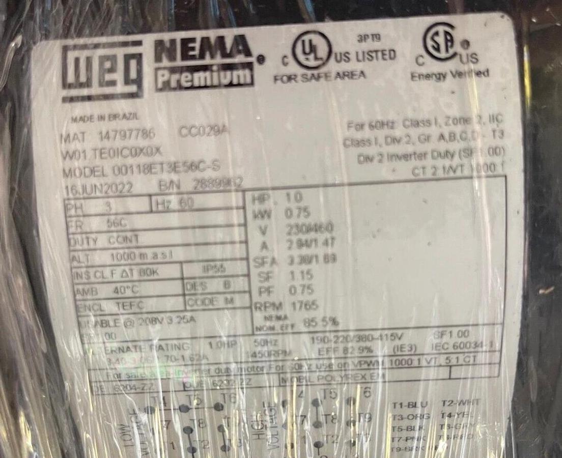WEG 1 HP ELECTRIC MOTOR 04P56C -208-203/460 190-220/380-415 V60Hz 1755 RPM