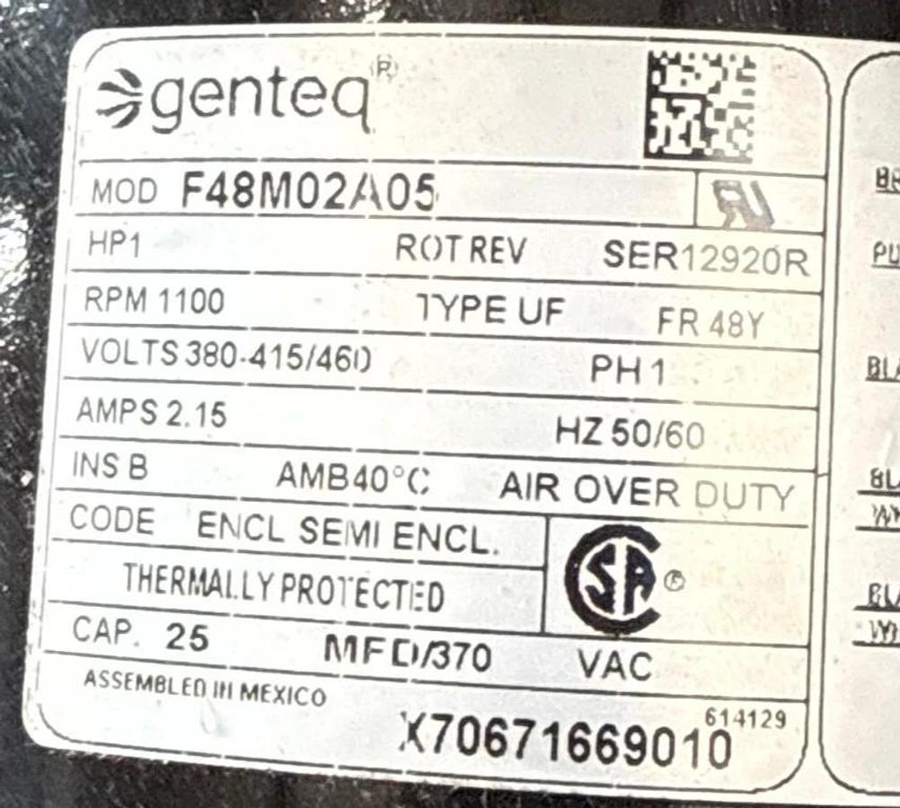 Used GENTEC 1 HP MOTOR XFA6 MODEL F48M02A05 1100 RPM 380-415/460 V 2.15 AMP