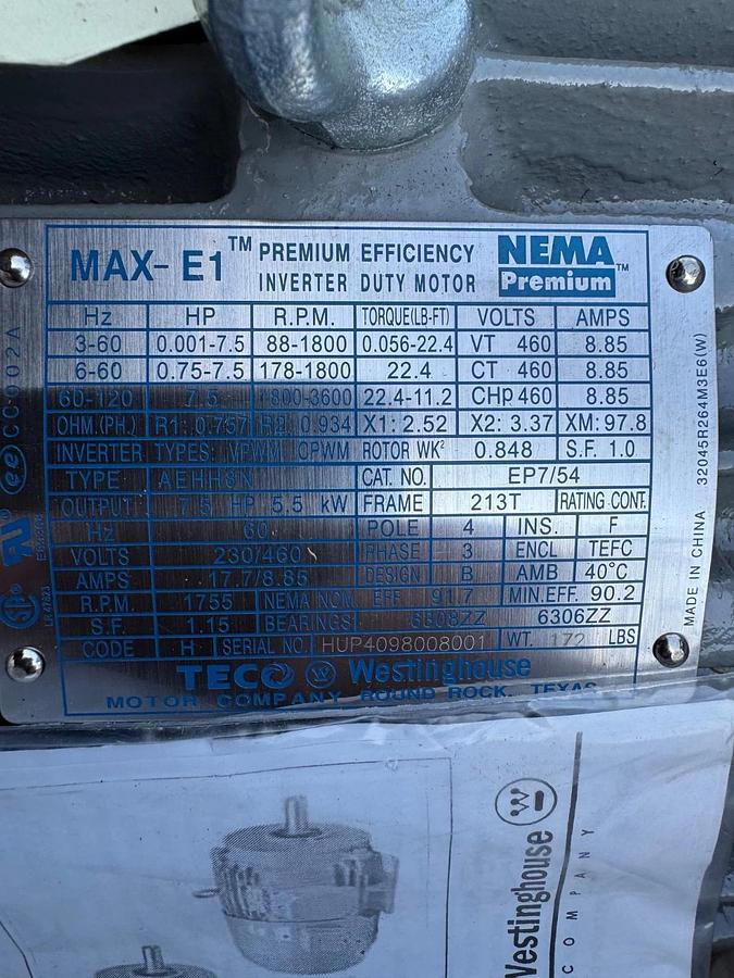 TECO WESTINGHOUSE 7.5 HP MOTOR XA17 1800-3600 RPM 230/460 V 17.8 AMP FRAME 213T