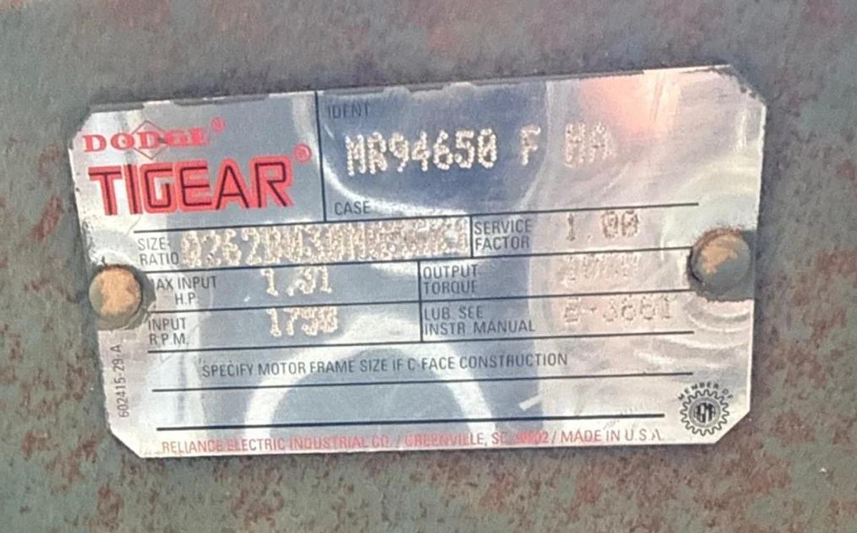 TIGEAR/2 BALDOR GEAR REDUCER 1XPF MOD MR94650FHA 1750 RPM 1.31 HP MAX TORQUE