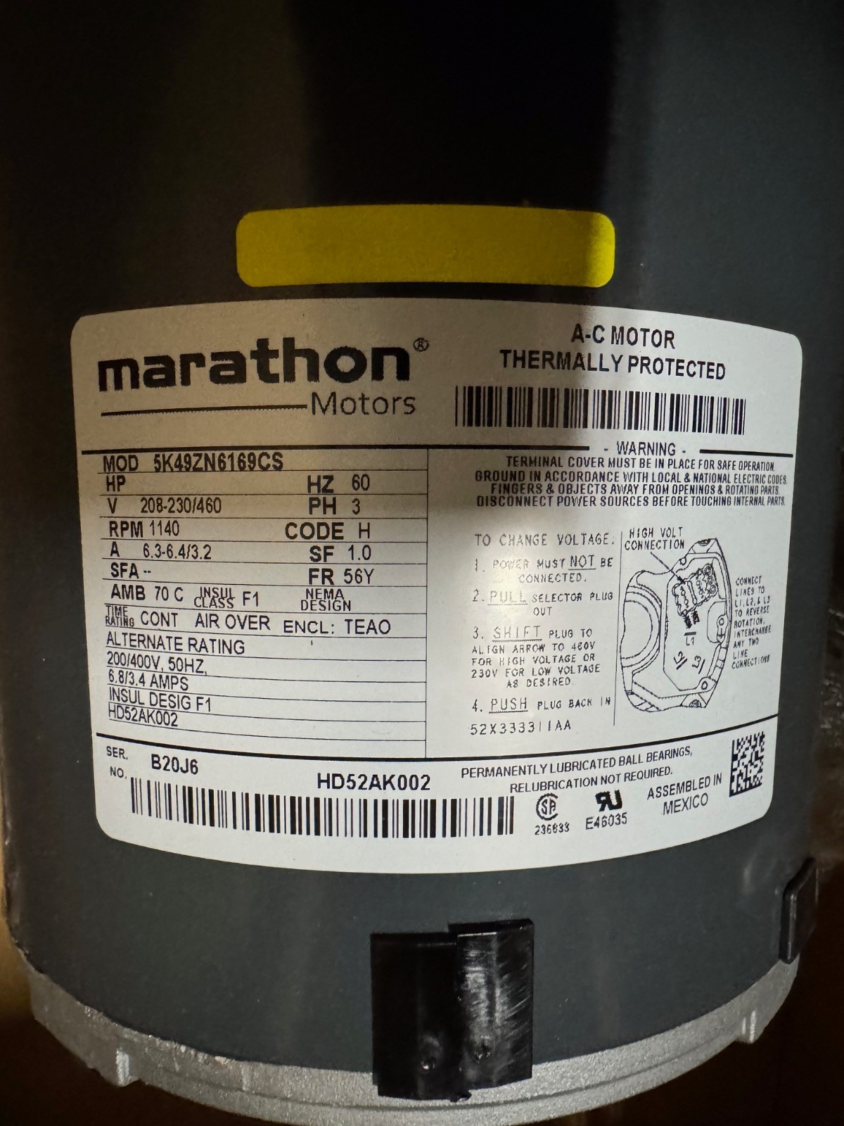 MARATHON  Motor 1 HP MODEL HD52AK002 VA10E 1VA14A 725 RPM 208-230/460 V