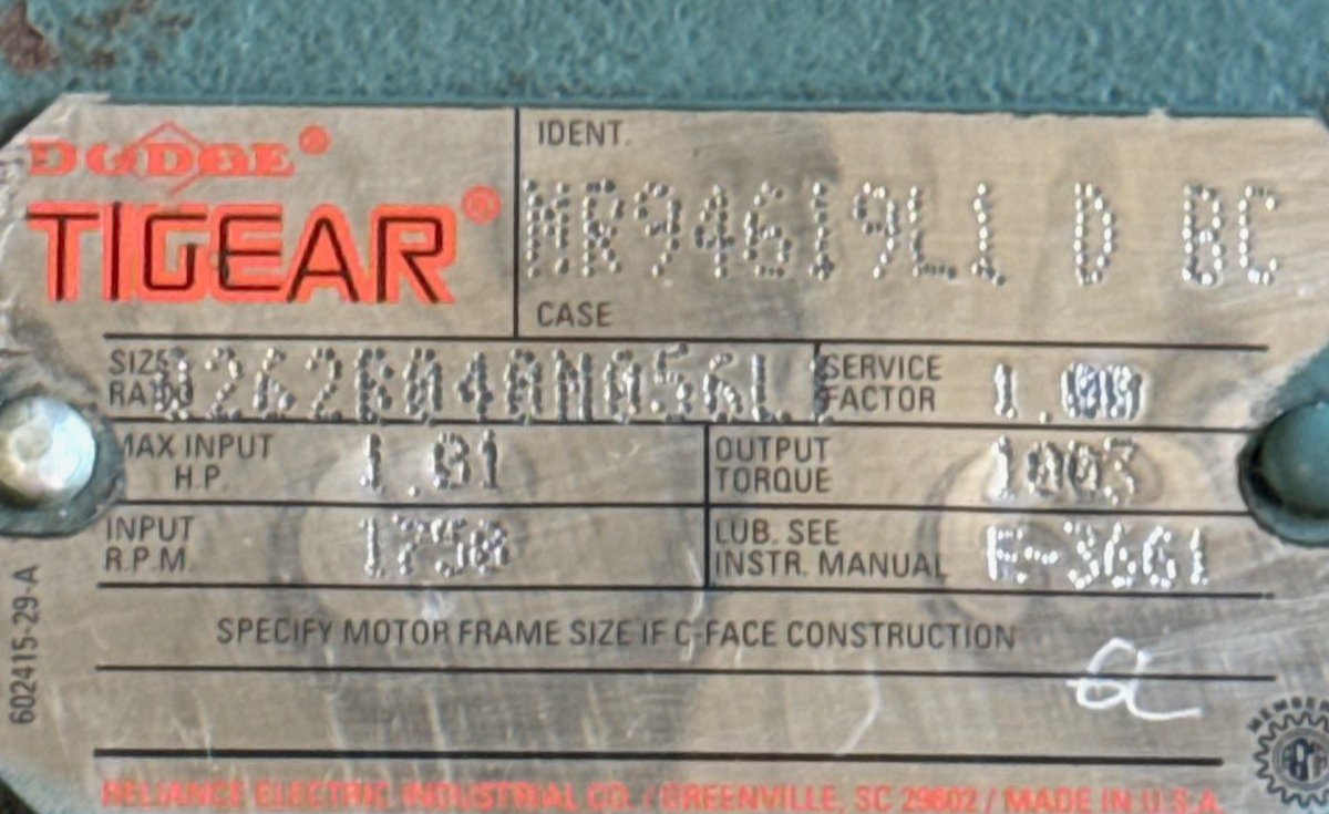 TIGEAR/2 BALDOR GEAR REDUCER 1XPE MOD MR94619LIDBC 1750 RPM 1.01 HP MAX TORQUE 1