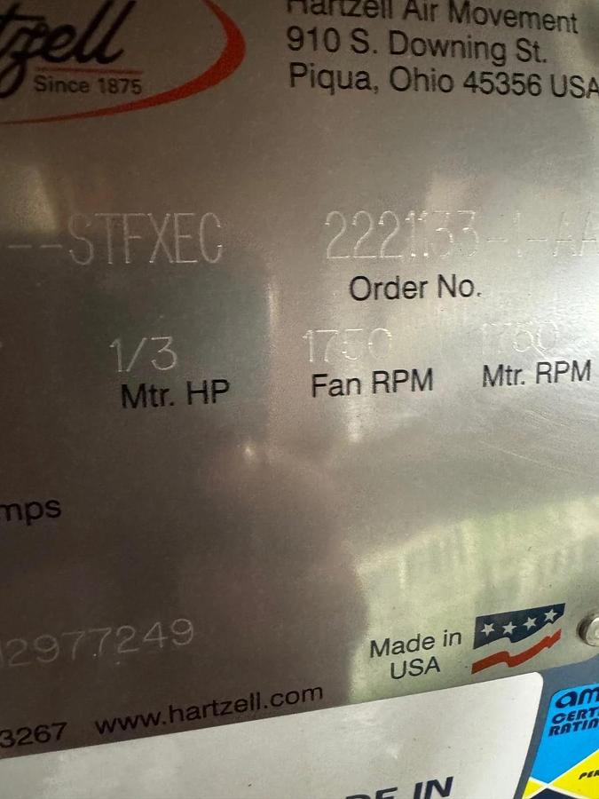Hartzell 1035 CFM Blower VA7B Model A38-166-STFXEC 1/3 HP 115-230 Volt 1 ph
