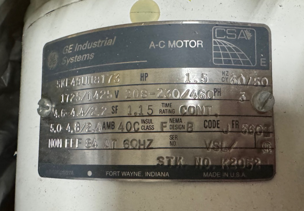 GE 11/2 HP MOTOR AD5C K2052 5K49UN8173 1725/1425 RPM 208/230/460 V 4.7-4.4/2.2 A