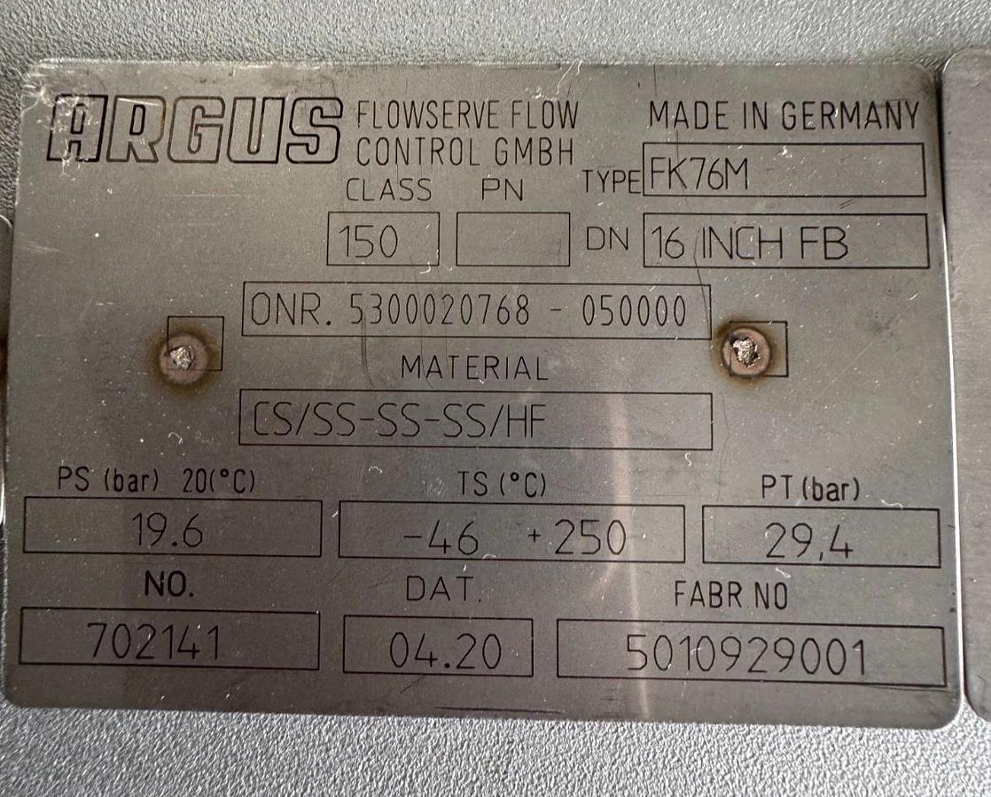 Used LIMITORQUE ACT LPS-30A-585B-FC2-3 W ARGUS 16" 150 RF FP BALL VALVE FK76M