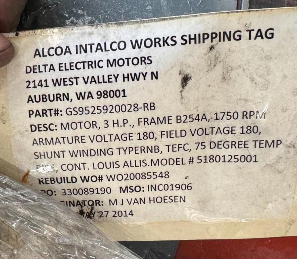 LOUIS ALLIS FLEXITORO DC MOTOR XX1 3 HP MOD 9181391001 1750 RPM 180 V DC 15 AMP