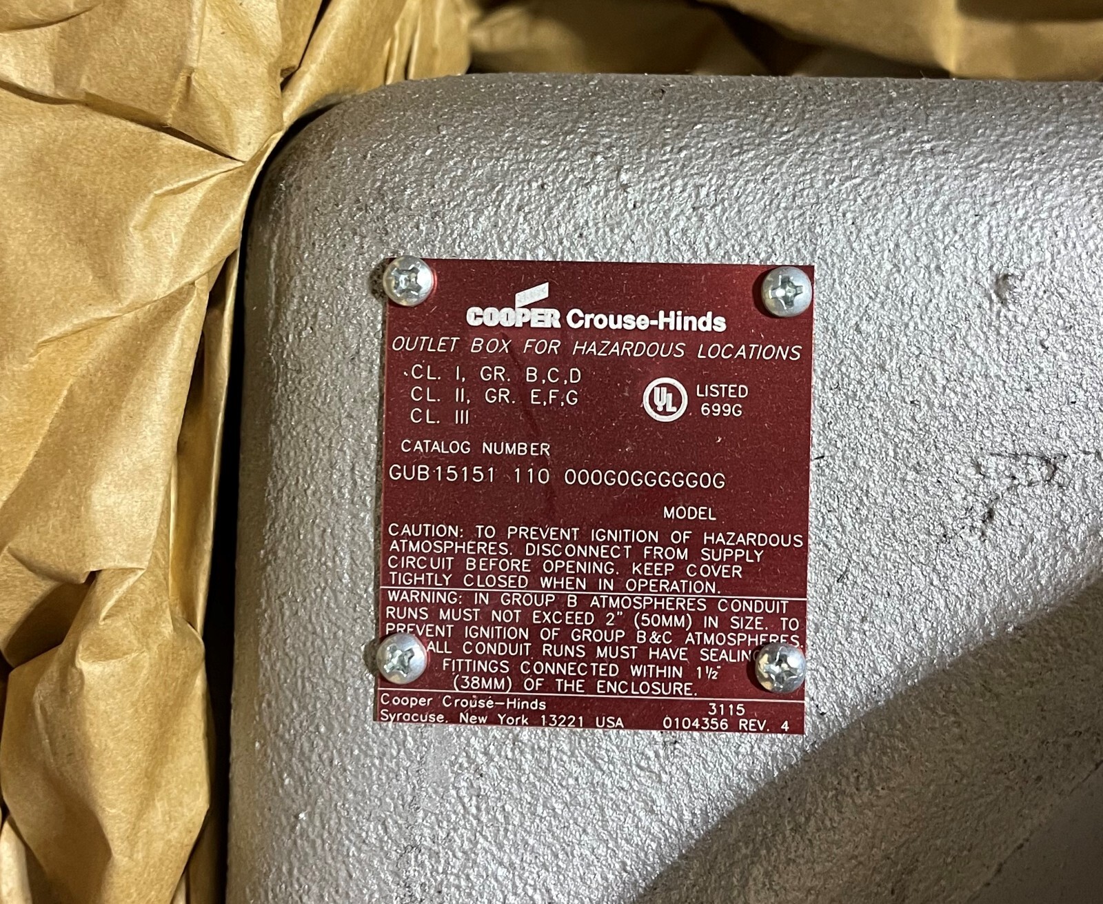 Junction Box Explosion Proof Cooper Crouse Hinds GUB15151