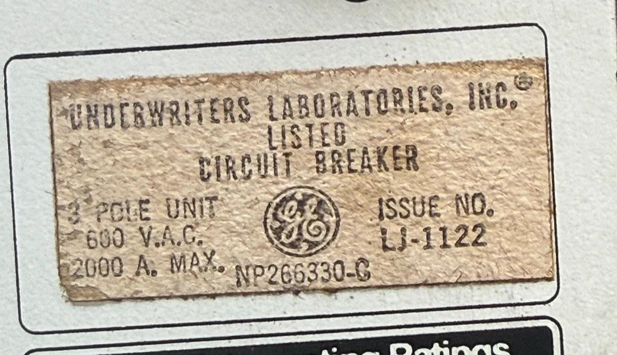 Refurbished General Electric 2000 AMP Power Break I BREAKER MODEL TPSS6620 W VERSA TRIP 2YX4