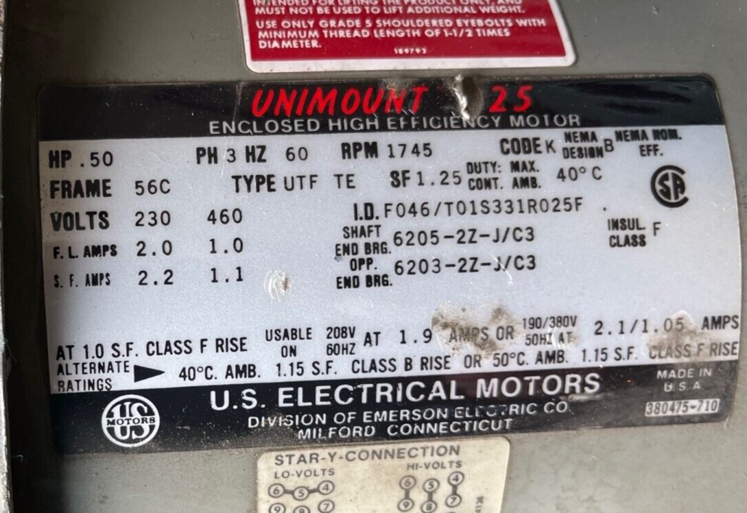 US MOTORS MOTOR 1/2 HP 1745 RPM 230/460 V 56C FO46/T01S331R025F W BRAKE