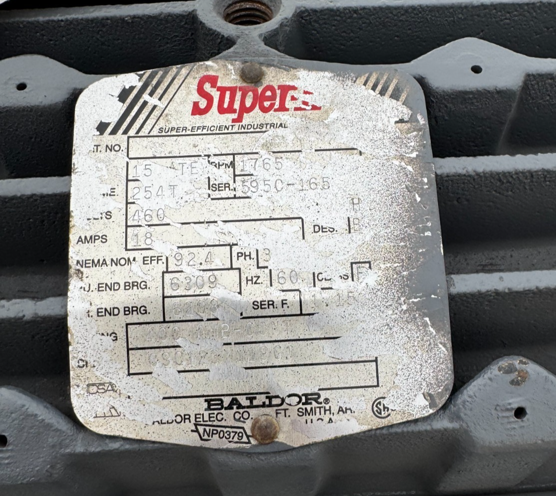 BALDOR SUPER E MOTOR KK2 15 HP MODEL 595C-1651770 RPM 460 V 3 PH 18 AMP FR 254T