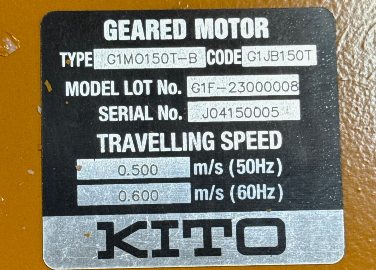 Used KITO OVERHEAD CRANE GEAR MOTOR MODEL G1MO150-B G1JB150T .60 M/S 2 HP 2YAC
