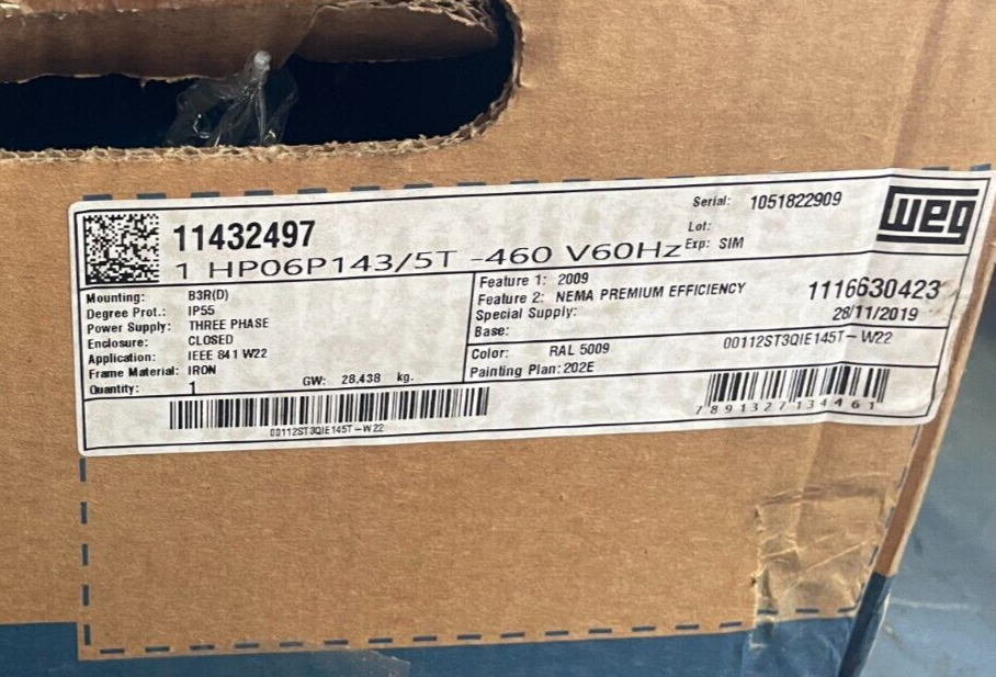 WEG 1 HP MOTOR 1160 RPM 460 V FRAME 143/5T 00112ST3QE145T-W22