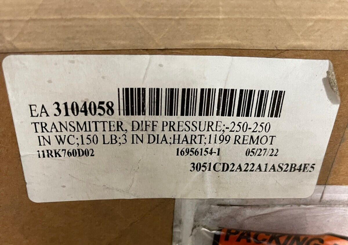 ROSEMOUNT DP TRANSMITTER 3" 150 LB -250 -250 HART 1199 3051CD2A22A1AS2B4E5