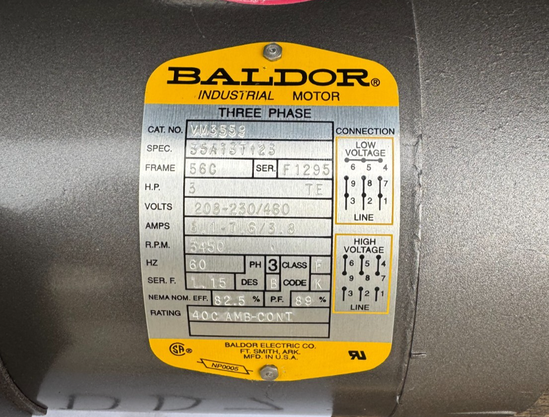 BALDOR MOTOR DD7 3 HP MODEL WM3559 3450 RPM 230/460 V 3 PH 8.1-7.6/3.8 AMP FR 5