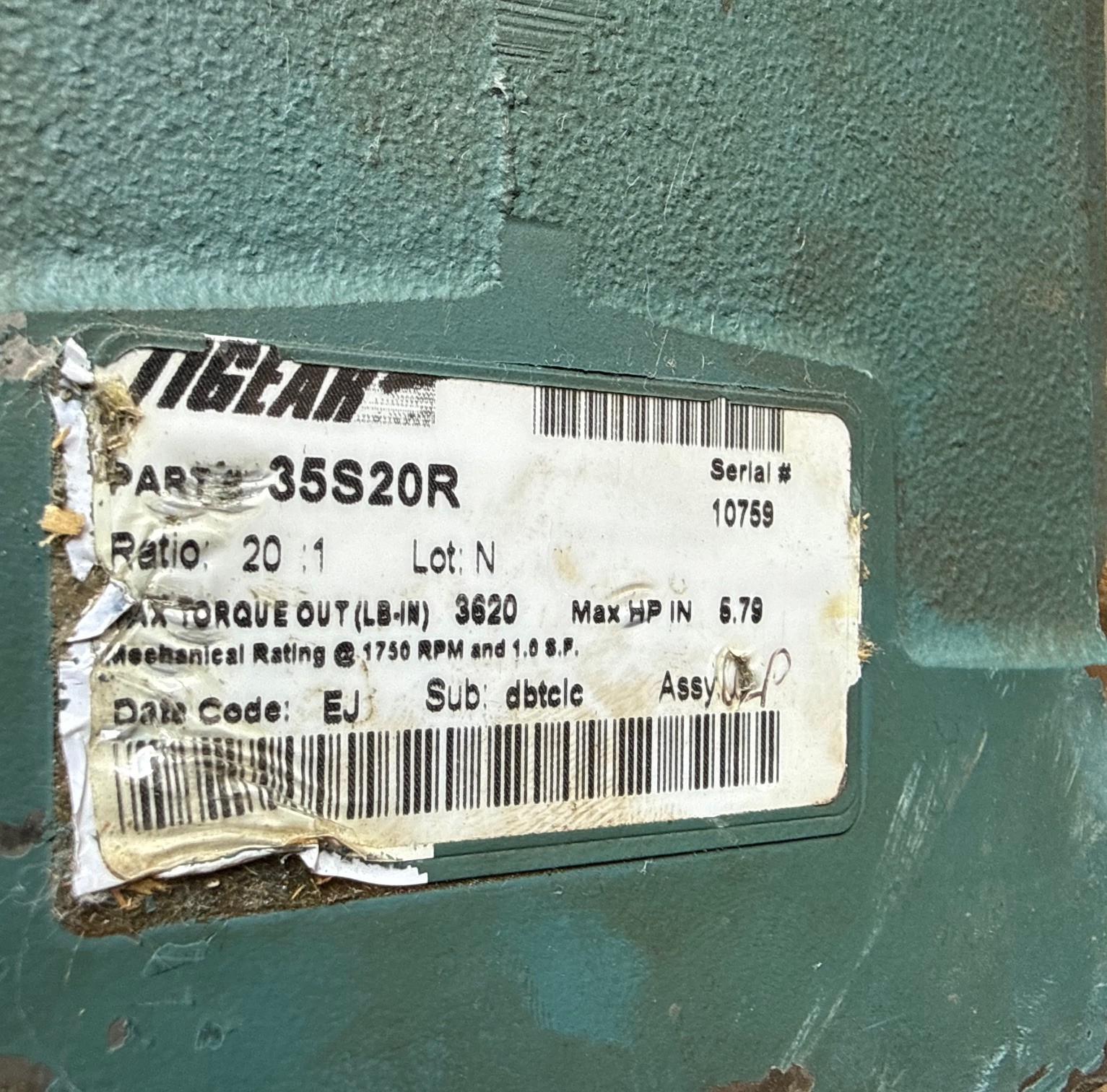 TIGEAR GEAR REDUCER 1XTG 1XSI 1XSF MODEL 35S20R 1750 RPM 5.79 HP RATIO 20 TO 1