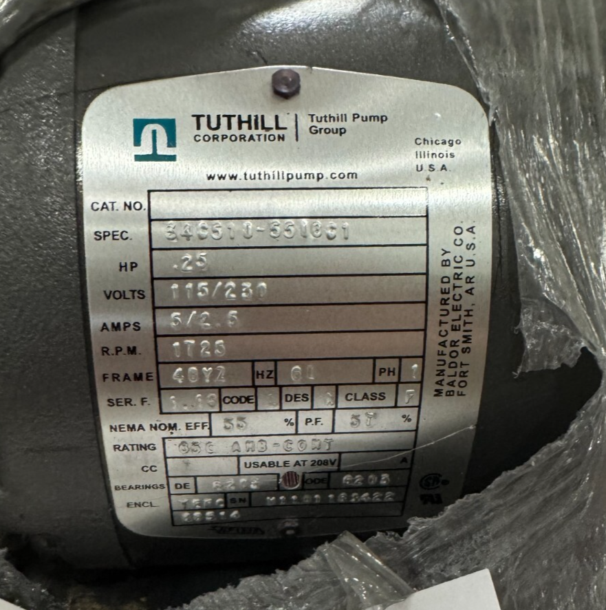 BALDOR TUTHILL MOTOR E6 1/4HP  34C510-5516C1 RPM 115/230 V 5/2.5  A 1 PH FR 48Y2