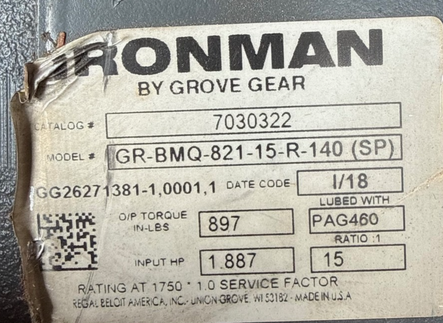 IRON MAN GROVE GEAR REDUCER 1XIJ MOD GR-BMQ-821-15-R-140 SP 1.887 HP 15 TO 1 RAT