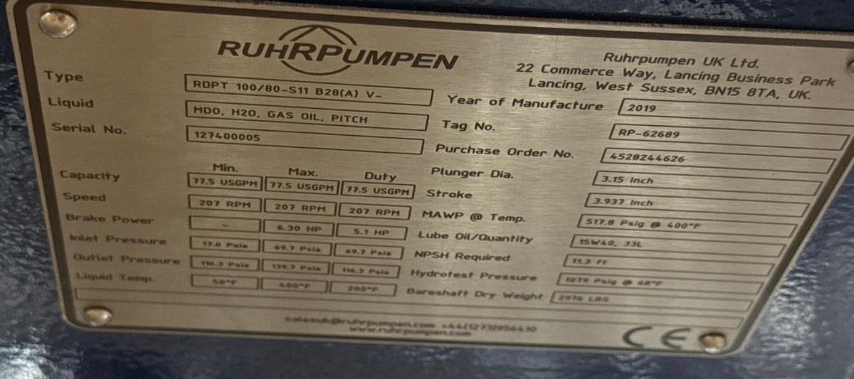 RUHRPUMPEN TYPE RDPT 100/80-S11 B28(A) Positive-displacement Triplex Pump 2YL